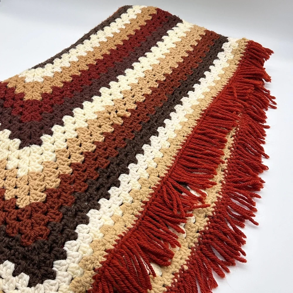 Vtg Handmade Granny Crocheted Throw Blanket Brown, Cream‎ earth tones 62” x 62”